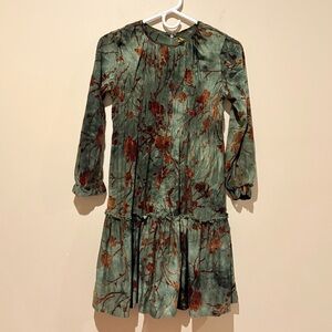 Kidchik Floral Green/brown velvet Long Sleeve Dress youth girl Sz 12